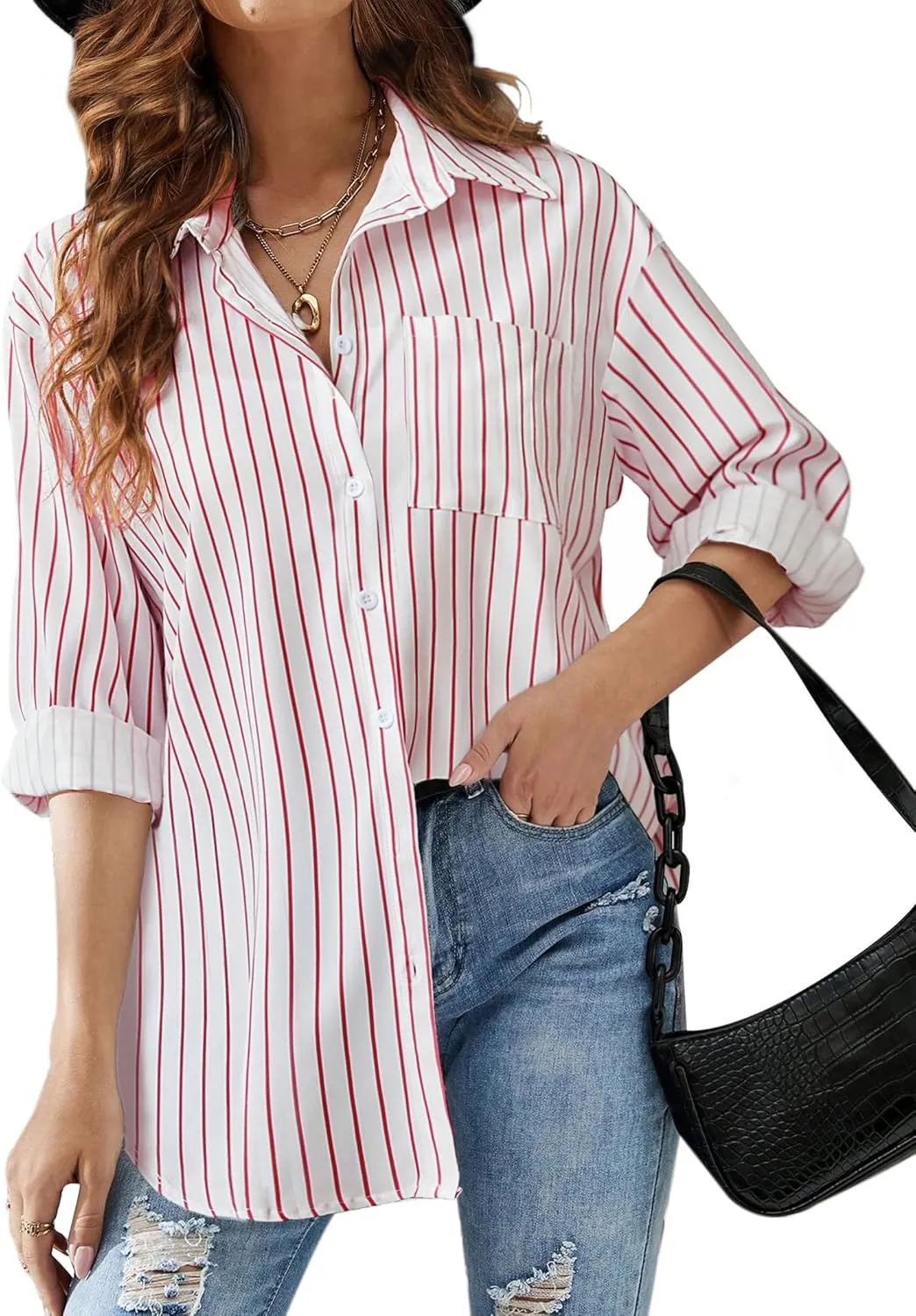 HOTOUCH Women Oversized Button Down Shirts Office Drop Shoulder Blouse Long Sleeve Boyfriend Dress Shirt with Pockets