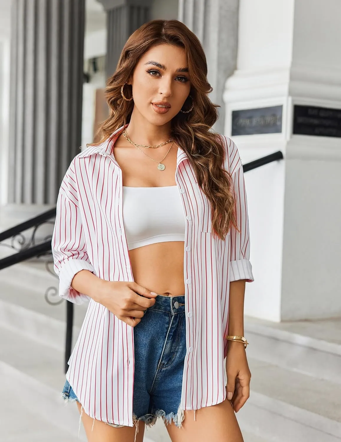 HOTOUCH Women Oversized Button Down Shirts Office Drop Shoulder Blouse Long Sleeve Boyfriend Dress Shirt with Pockets