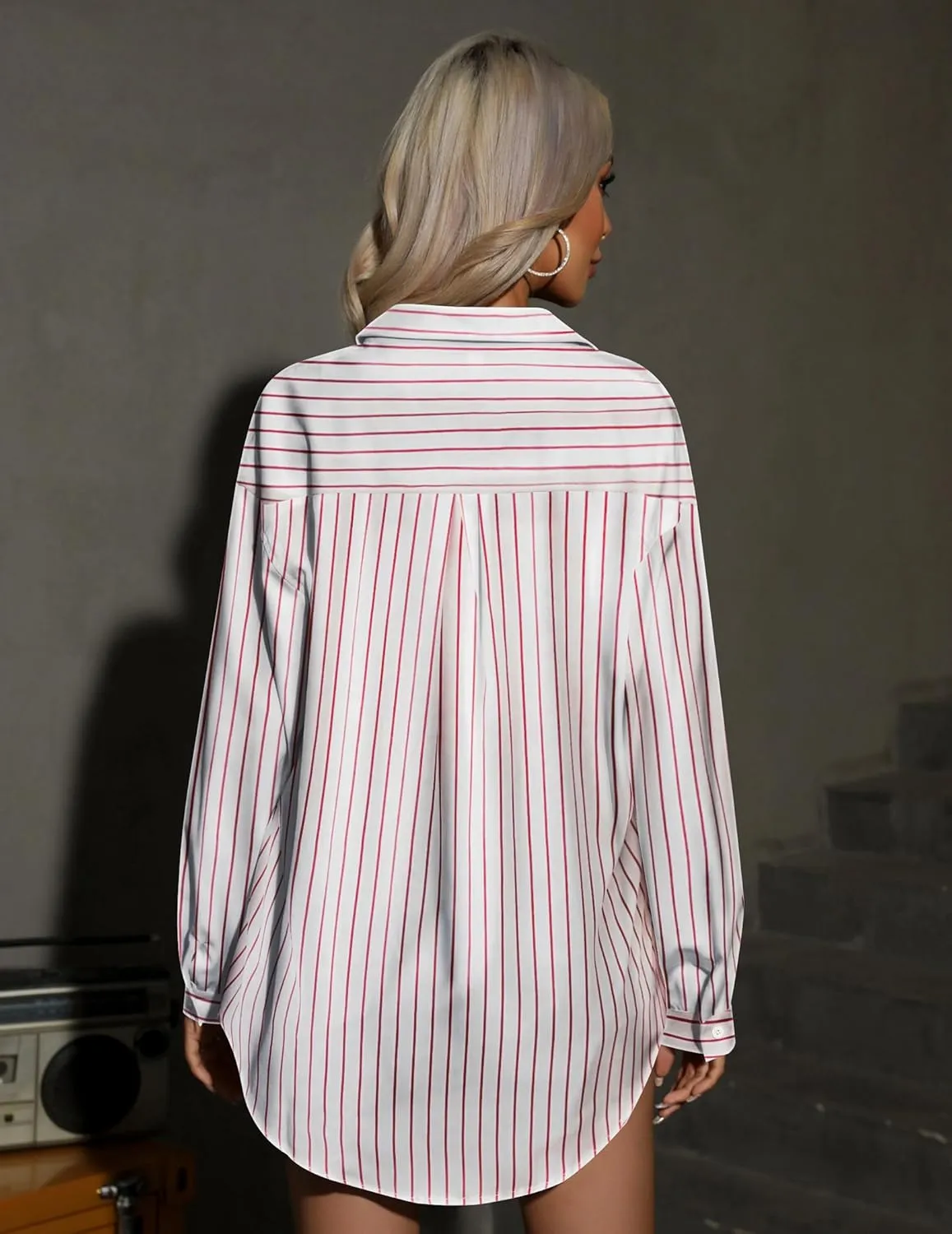HOTOUCH Women Oversized Button Down Shirts Office Drop Shoulder Blouse Long Sleeve Boyfriend Dress Shirt with Pockets
