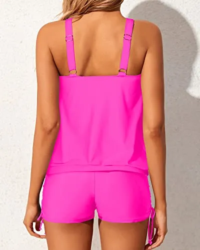 Loose Fit Women's Blouson Tankini Swimwear Modest Coverage-Neon Pink