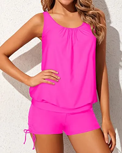 Loose Fit Women's Blouson Tankini Swimwear Modest Coverage-Neon Pink