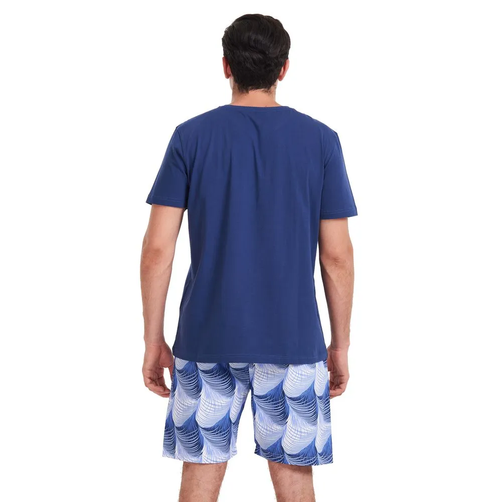 Men summer pajama set Dark Blue V neck t-shirt   Blue leaves printed shorts