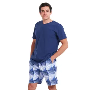 Men summer pajama set Dark Blue V neck t-shirt   Blue leaves printed shorts