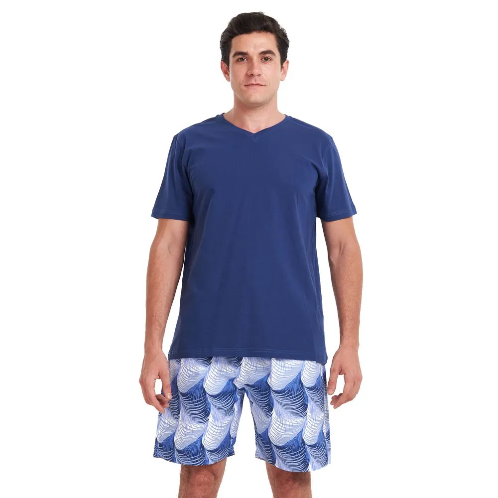 Men summer pajama set Dark Blue V neck t-shirt   Blue leaves printed shorts