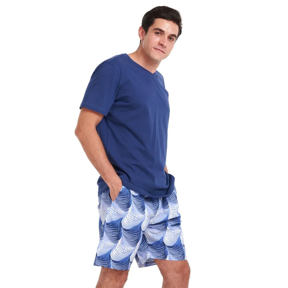 Men summer pajama set Dark Blue V neck t-shirt   Blue leaves printed shorts