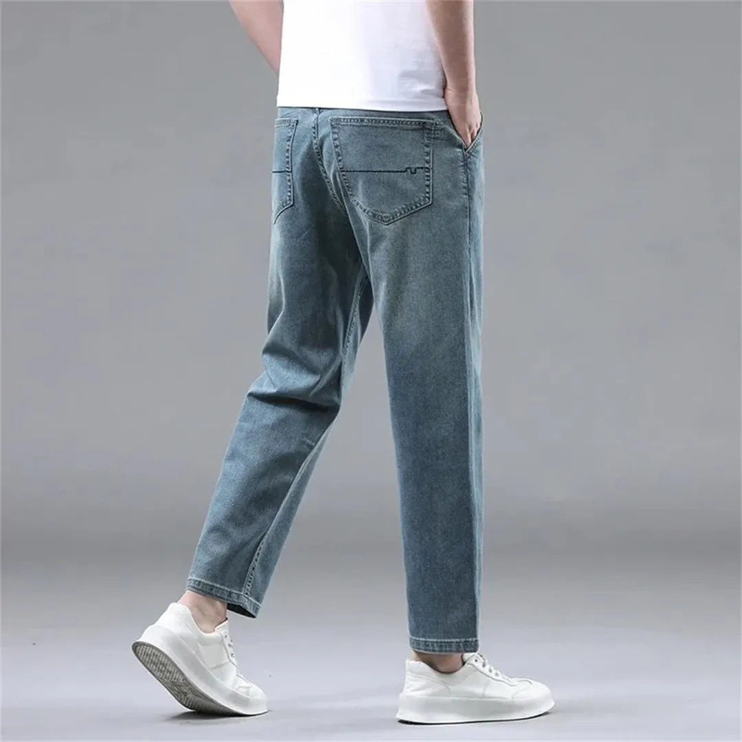 Men's Summer Thin 95% Cotton Jeans Stretch Straight Loose Denim Nine-Point Pants