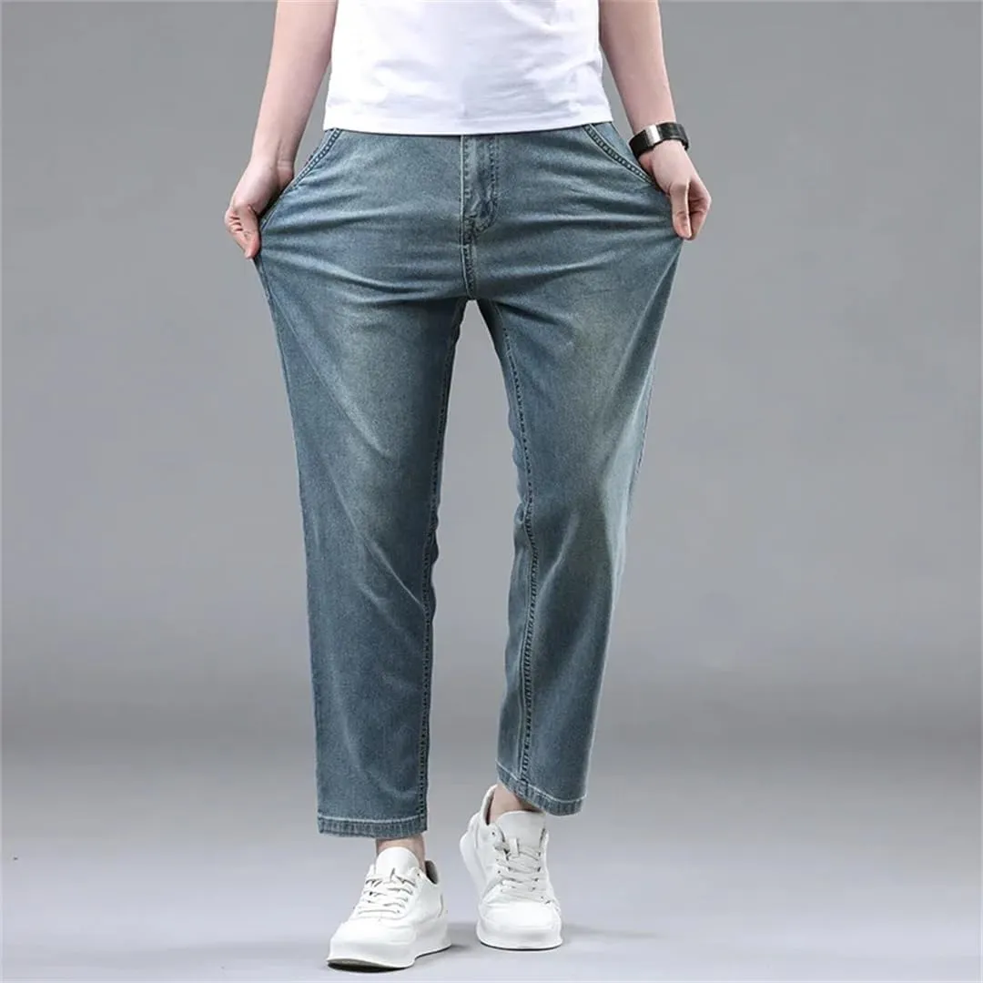 Men's Summer Thin 95% Cotton Jeans Stretch Straight Loose Denim Nine-Point Pants