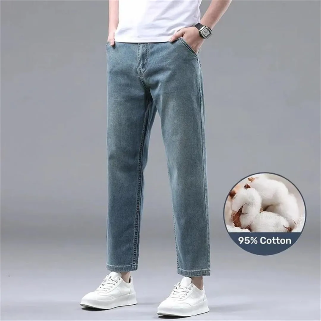 Men's Summer Thin 95% Cotton Jeans Stretch Straight Loose Denim Nine-Point Pants