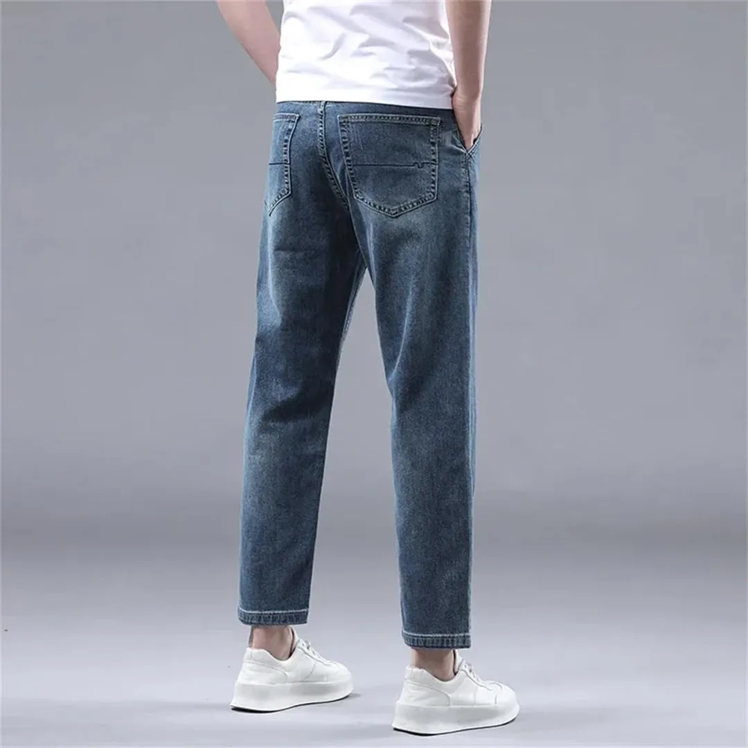 Men's Summer Thin 95% Cotton Jeans Stretch Straight Loose Denim Nine-Point Pants