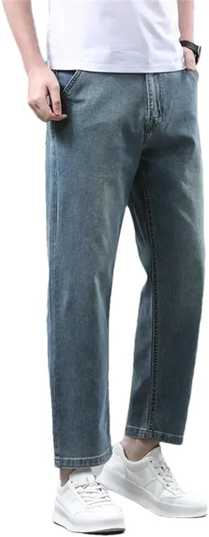 Men's Summer Thin 95% Cotton Jeans Stretch Straight Loose Denim Nine-Point Pants