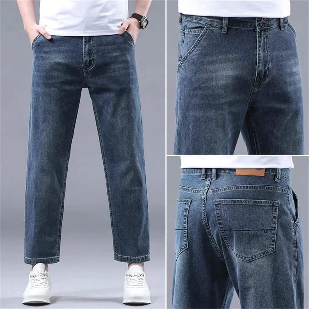 Men's Summer Thin 95% Cotton Jeans Stretch Straight Loose Denim Nine-Point Pants