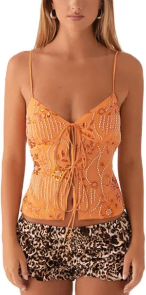 MISSACTIVER Womens Y2K Sequin Cami Tops Sexy Sparkle Lace Up Crop Top Tie Front Backless Low Cut V-Neck Straps Tank Top