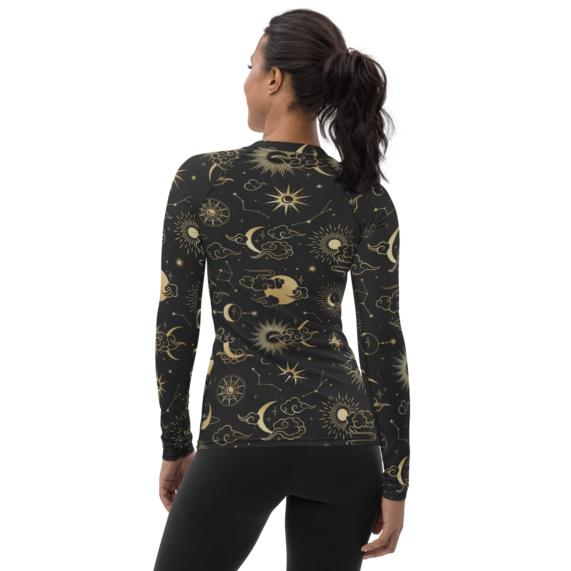 Moon Stars Women's Rash Guard, Constellation Space Print Surf Long Sleeve Swim Shirt Swimwear Sun Designer Wet Suit Protection 40 UPF