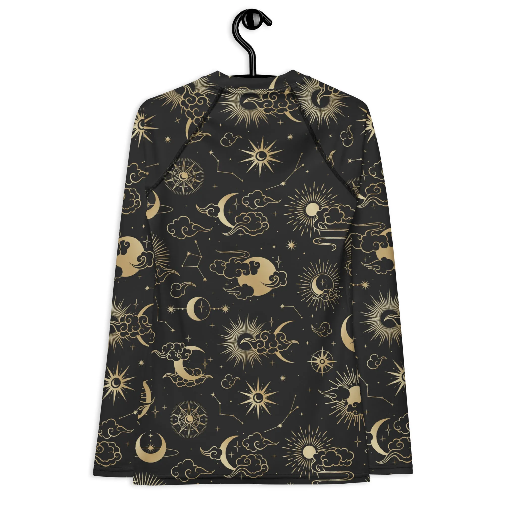 Moon Stars Women's Rash Guard, Constellation Space Print Surf Long Sleeve Swim Shirt Swimwear Sun Designer Wet Suit Protection 40 UPF