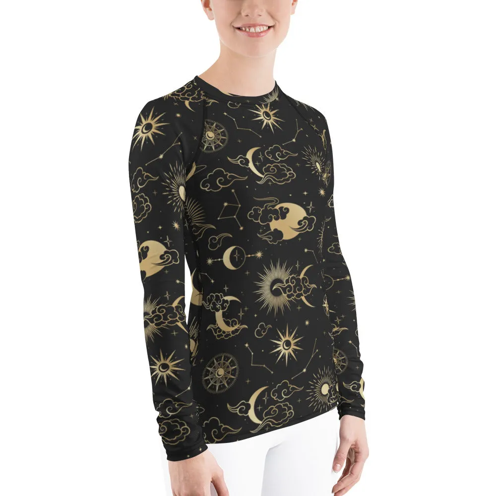 Moon Stars Women's Rash Guard, Constellation Space Print Surf Long Sleeve Swim Shirt Swimwear Sun Designer Wet Suit Protection 40 UPF