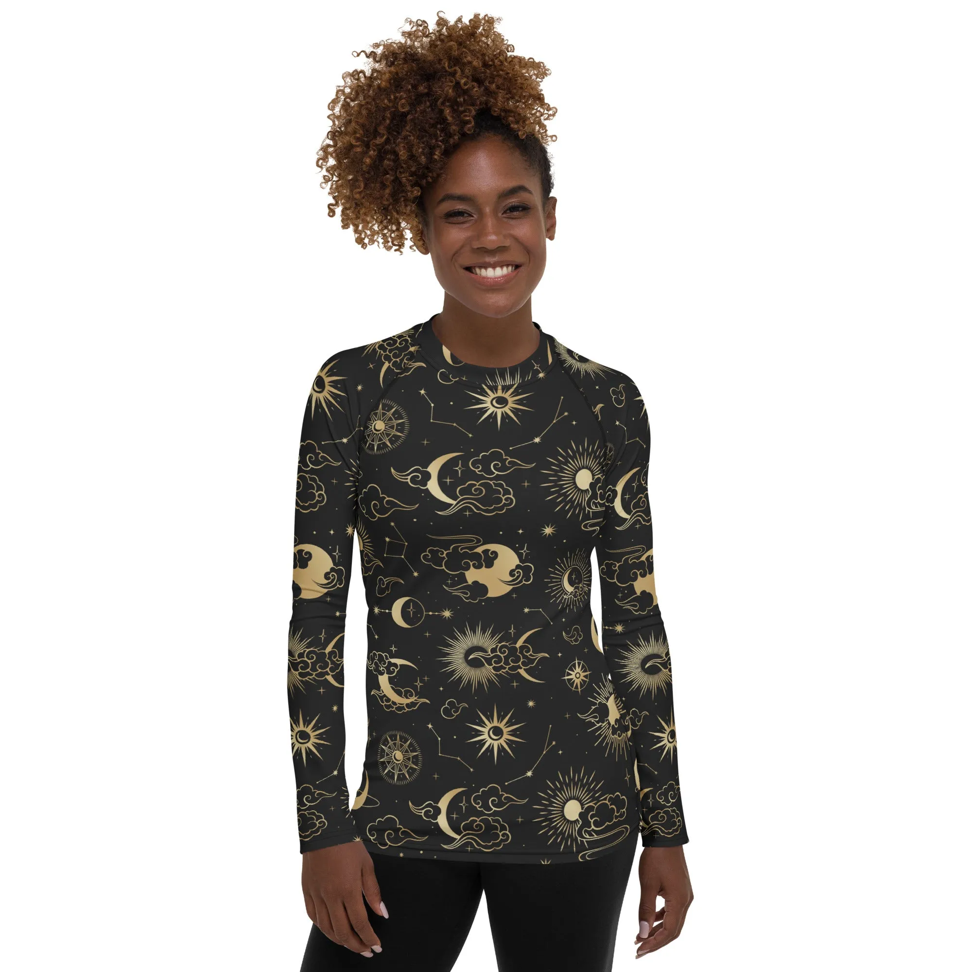 Moon Stars Women's Rash Guard, Constellation Space Print Surf Long Sleeve Swim Shirt Swimwear Sun Designer Wet Suit Protection 40 UPF
