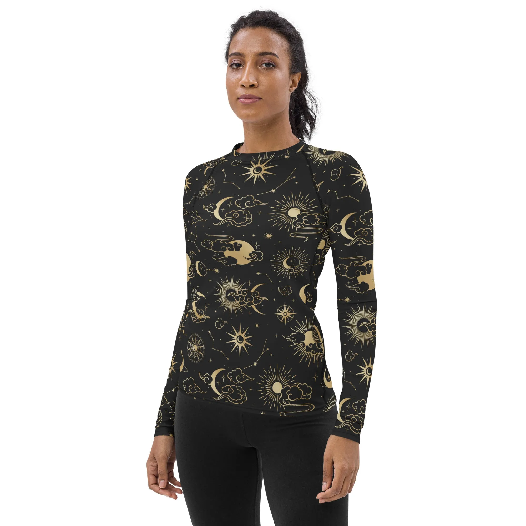 Moon Stars Women's Rash Guard, Constellation Space Print Surf Long Sleeve Swim Shirt Swimwear Sun Designer Wet Suit Protection 40 UPF