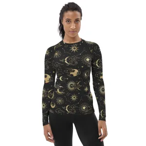 Moon Stars Women's Rash Guard, Constellation Space Print Surf Long Sleeve Swim Shirt Swimwear Sun Designer Wet Suit Protection 40 UPF