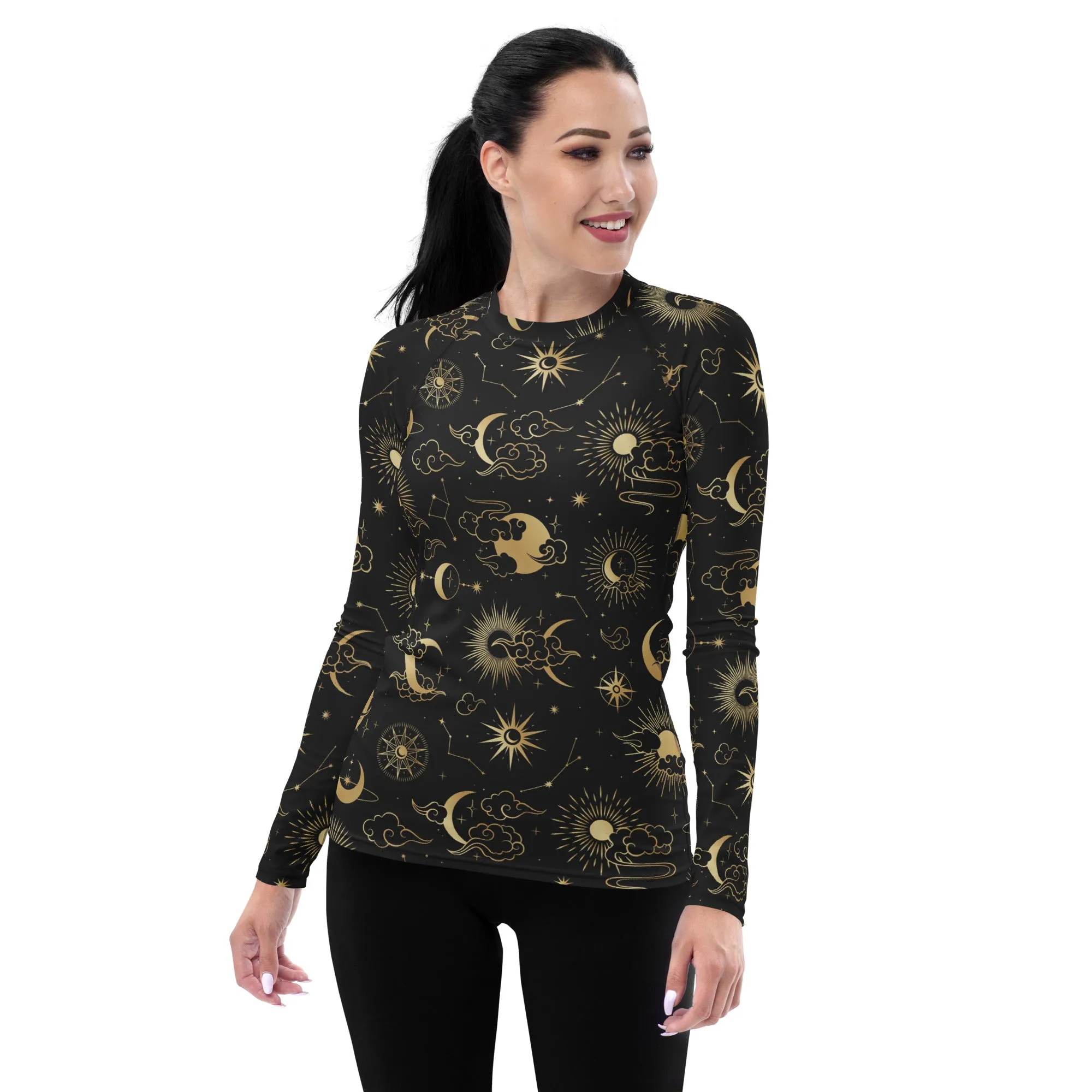 Moon Stars Women's Rash Guard, Constellation Space Print Surf Long Sleeve Swim Shirt Swimwear Sun Designer Wet Suit Protection 40 UPF