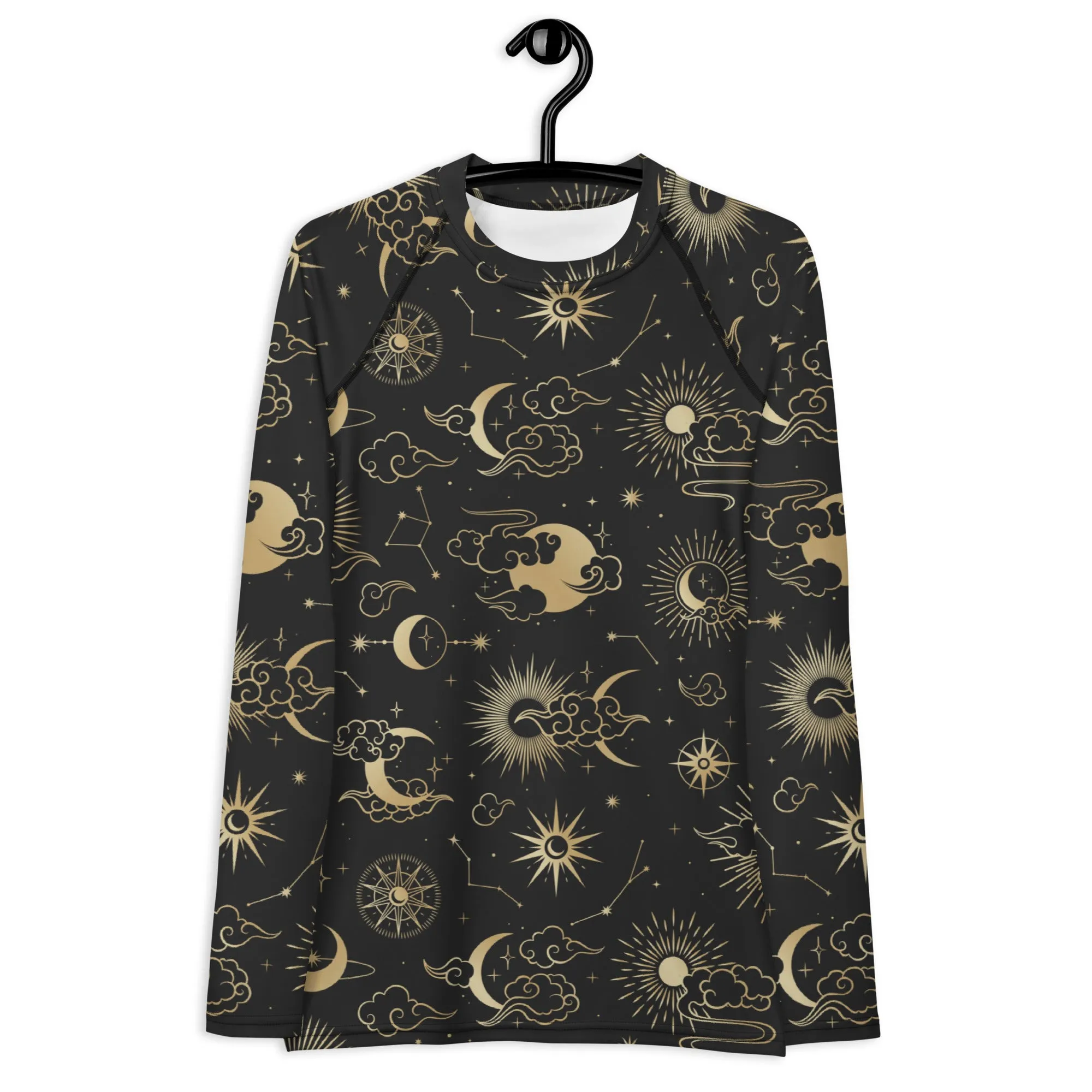 Moon Stars Women's Rash Guard, Constellation Space Print Surf Long Sleeve Swim Shirt Swimwear Sun Designer Wet Suit Protection 40 UPF