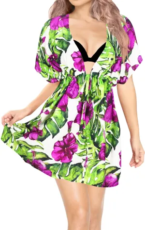 Multi Color Non-Sheer Tropical Floral and Leaves Print V-Neck Beach Cover up For Women