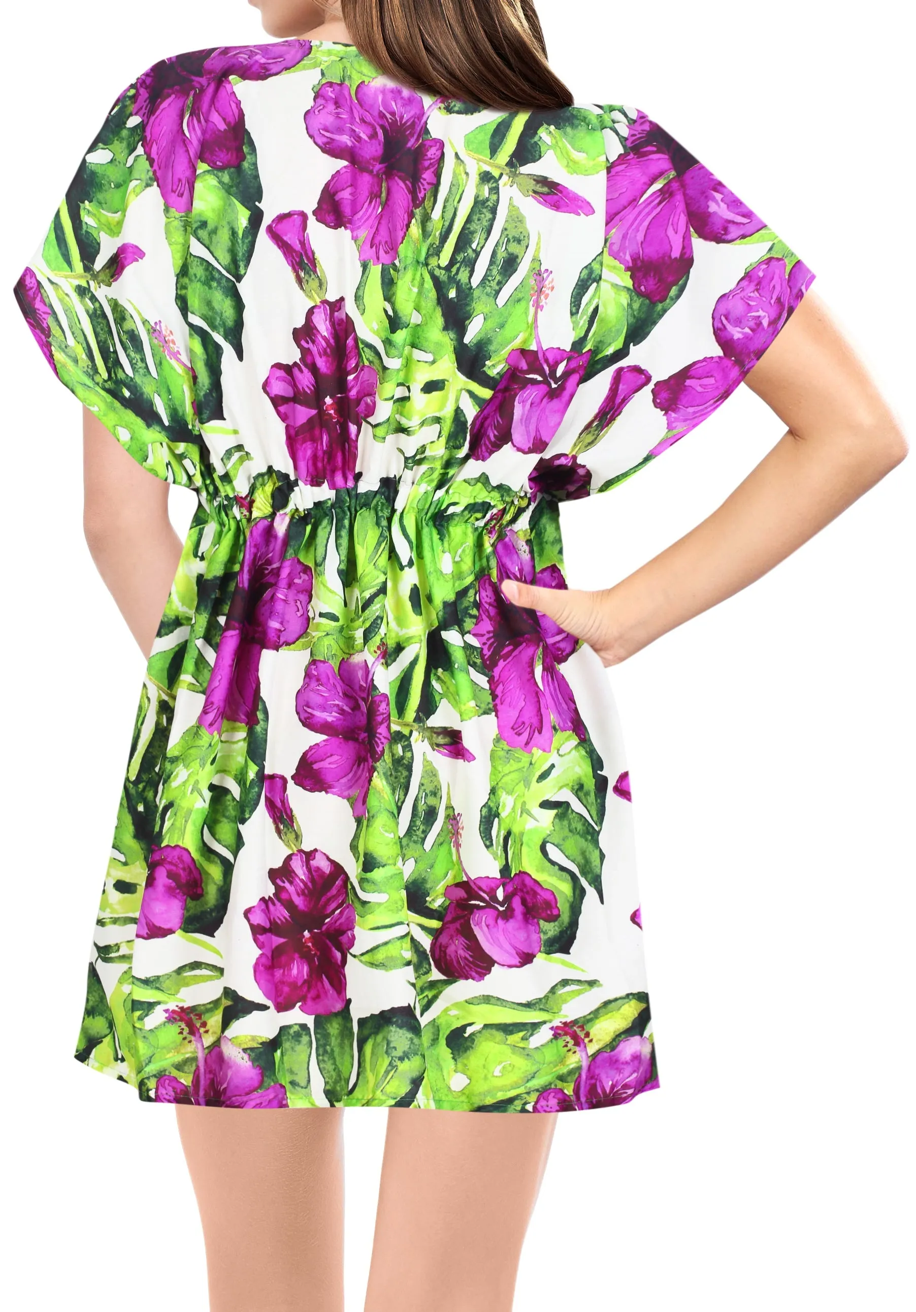 Multi Color Non-Sheer Tropical Floral and Leaves Print V-Neck Beach Cover up For Women