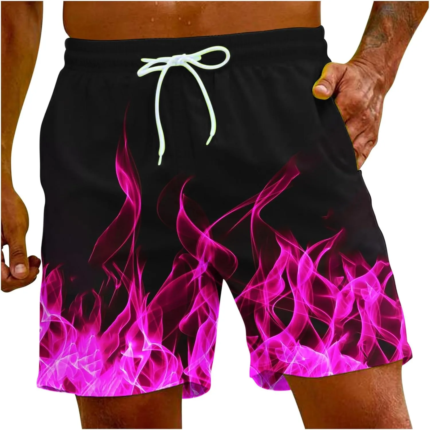 Muscularfit Swimsuit for Men 2024 Trendy Drawstring Quick Dry Swim Trunks with Pockets Casual Flame Print Beach Bathing Suits