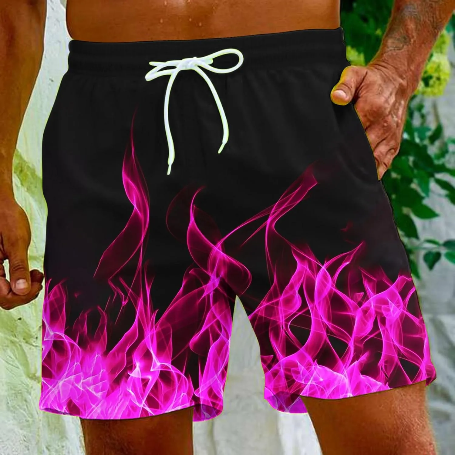Muscularfit Swimsuit for Men 2024 Trendy Drawstring Quick Dry Swim Trunks with Pockets Casual Flame Print Beach Bathing Suits