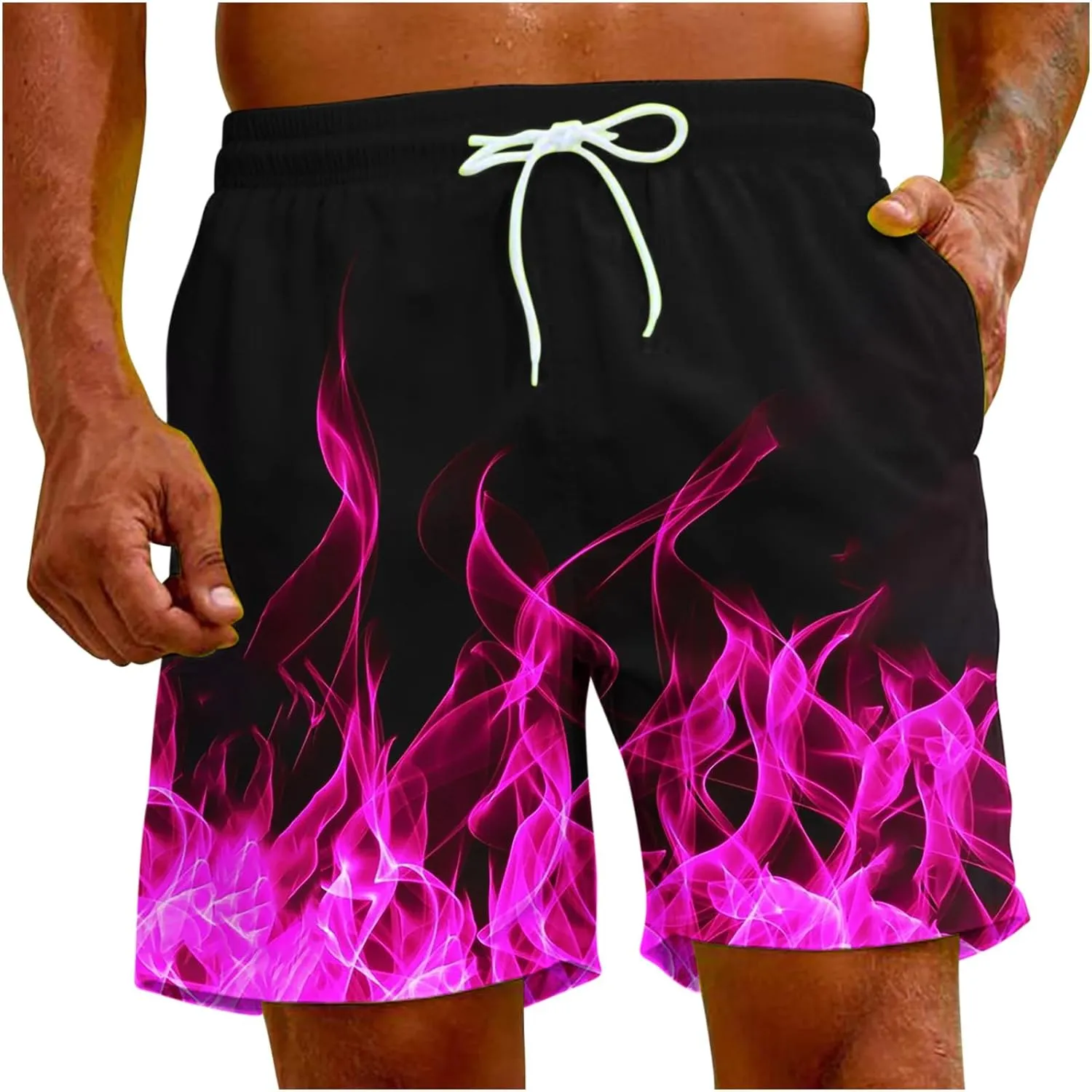 Muscularfit Swimsuit for Men 2024 Trendy Drawstring Quick Dry Swim Trunks with Pockets Casual Flame Print Beach Bathing Suits