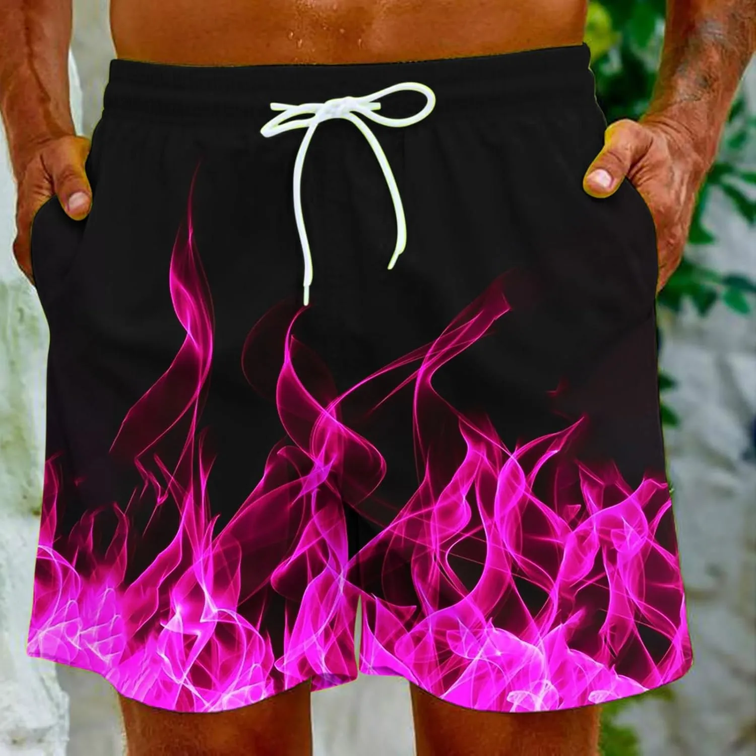 Muscularfit Swimsuit for Men 2024 Trendy Drawstring Quick Dry Swim Trunks with Pockets Casual Flame Print Beach Bathing Suits