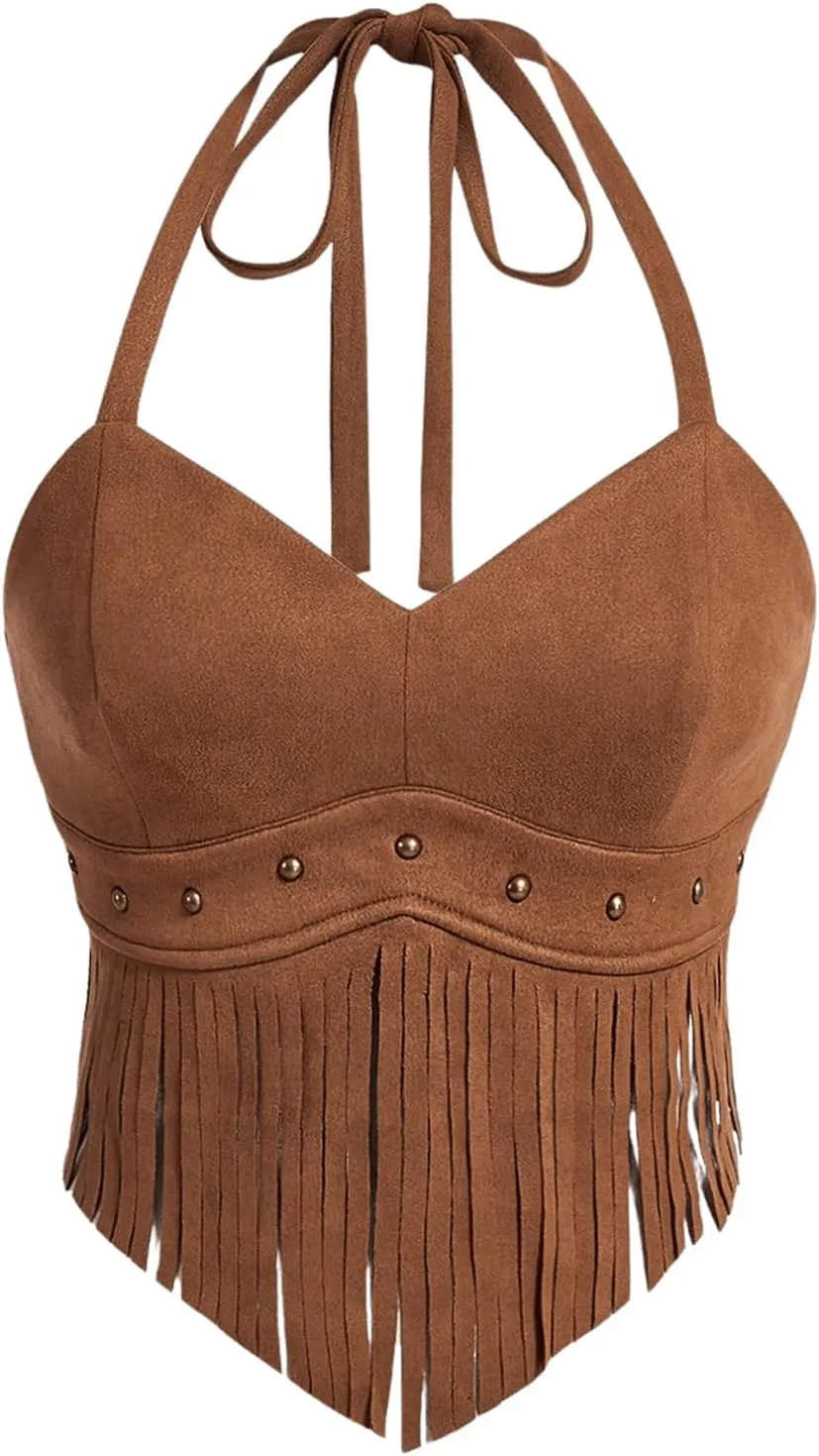 OYOANGLE Women's Plus Size Fringe Halter Top V Neck Beaded Cowgirl Western Suede Crop Top