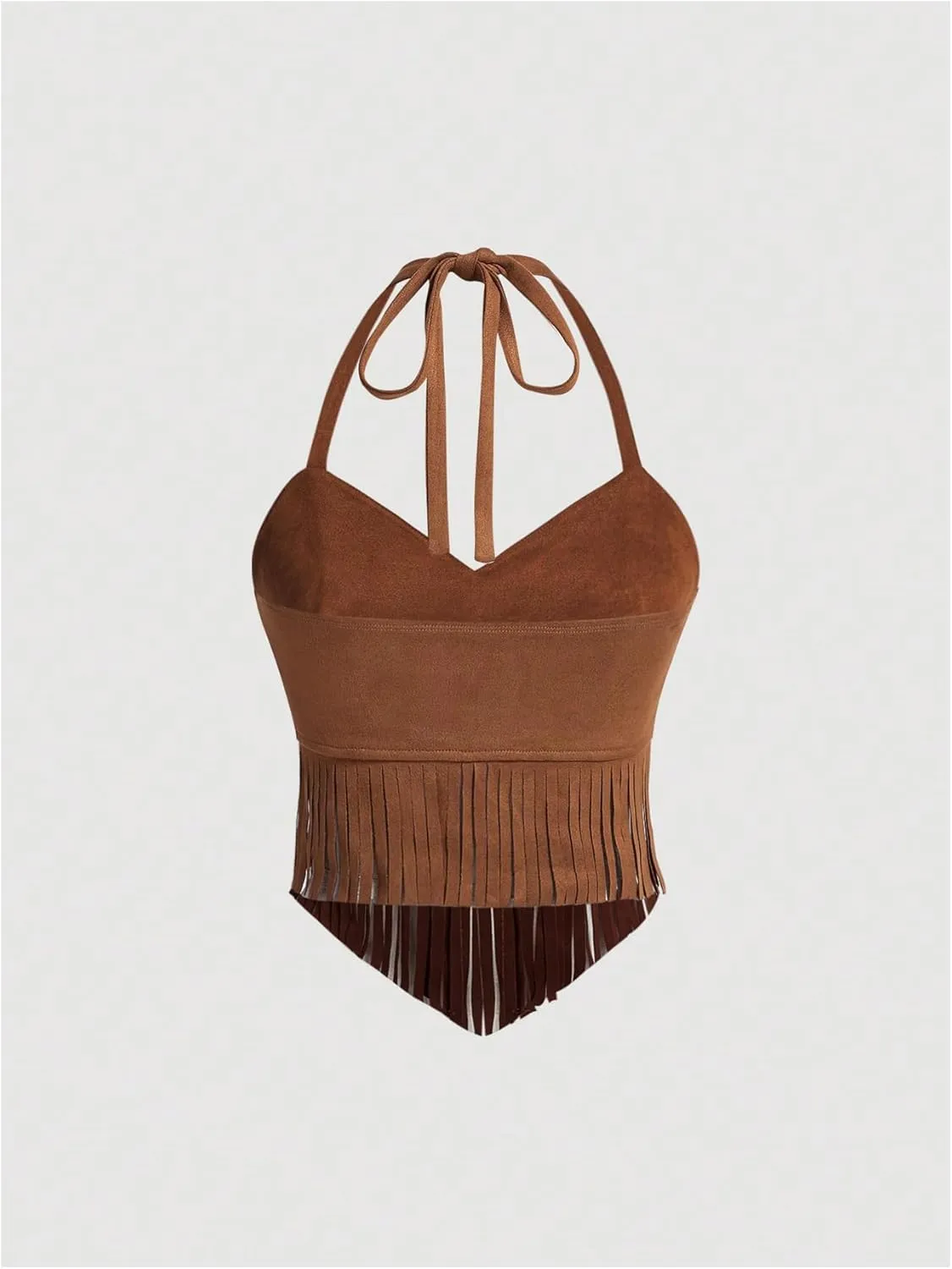 OYOANGLE Women's Plus Size Fringe Halter Top V Neck Beaded Cowgirl Western Suede Crop Top