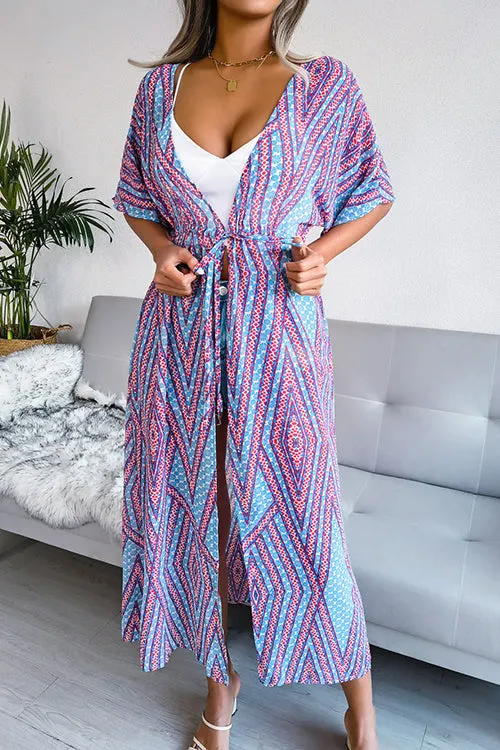 Print Drawstring Waist Kimono