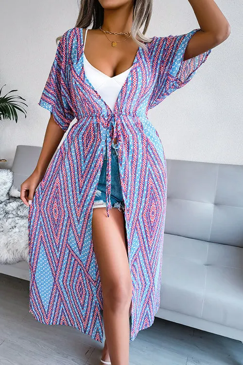 Print Drawstring Waist Kimono