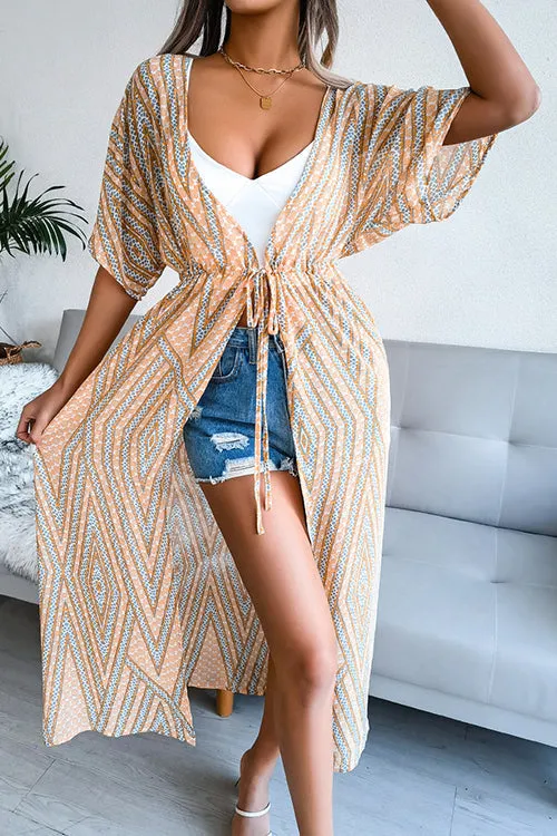 Print Drawstring Waist Kimono