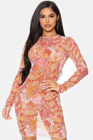 Raspberry Pink Cover Me Long Sleeve Mesh Sheer Pool Swimwear Coverup Mini Dress