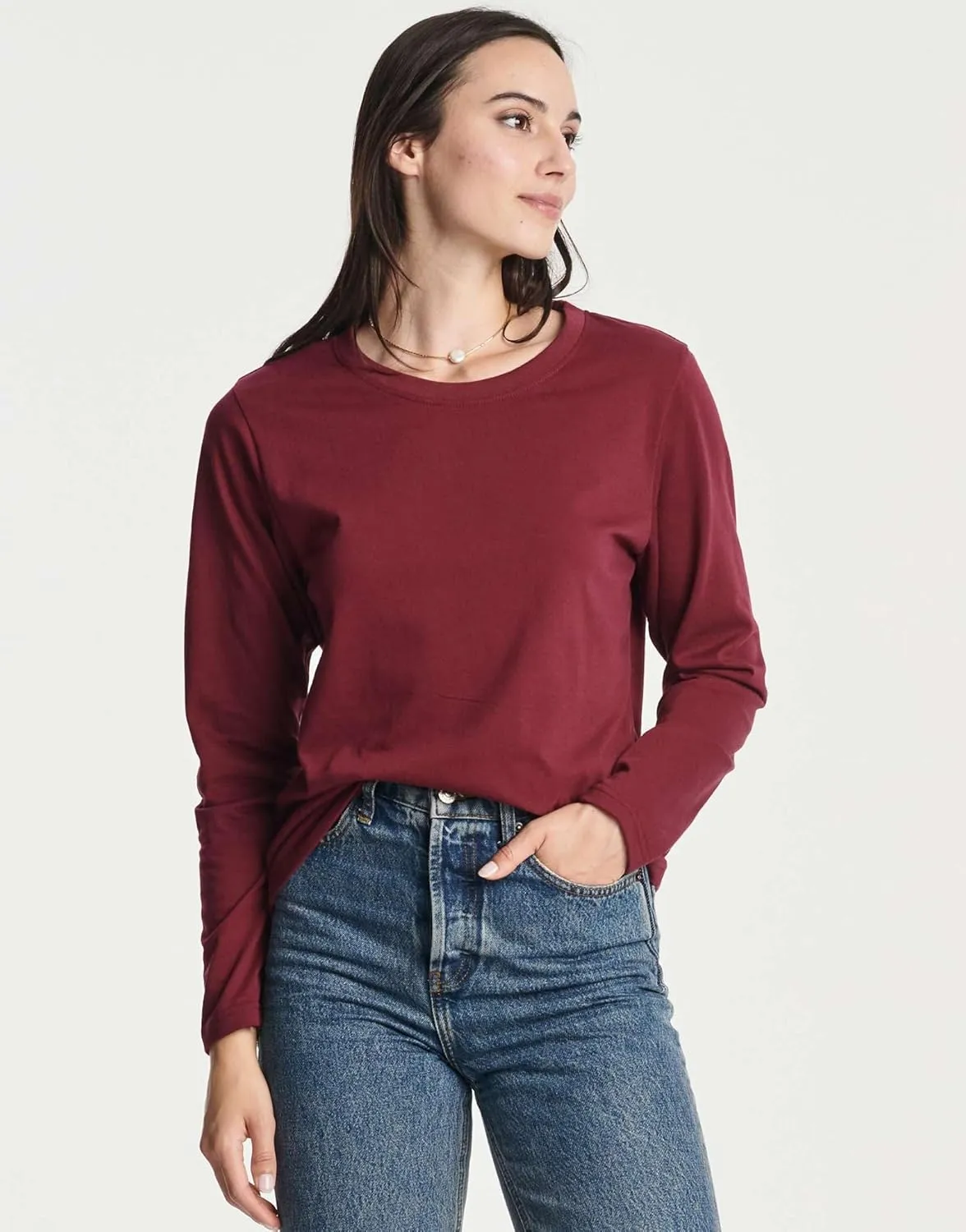 Real Essentials 4 Pack: Women's Cotton Classic-Fit Long-Sleeve Crewneck T-Shirt (Available in Plus Size)