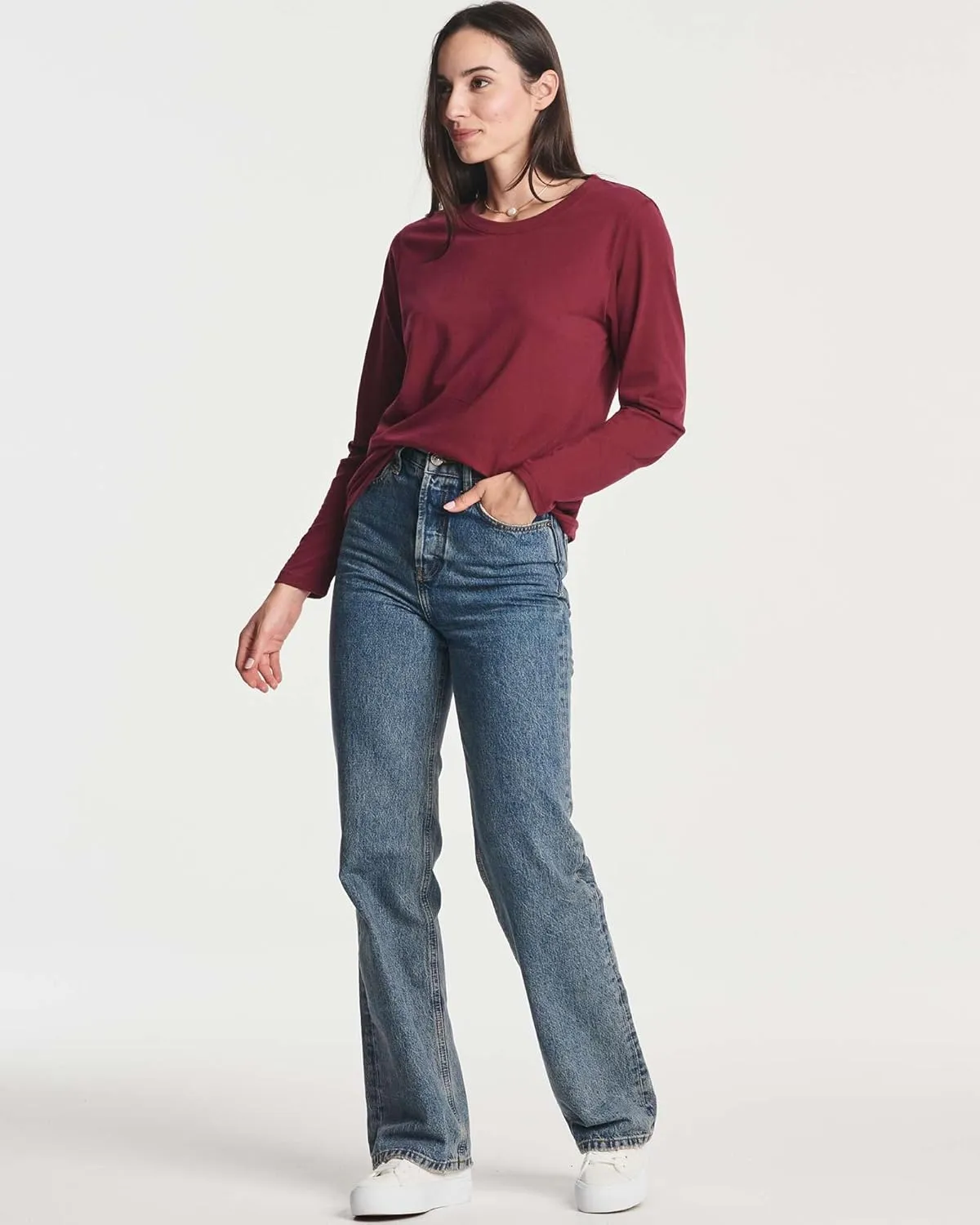 Real Essentials 4 Pack: Women's Cotton Classic-Fit Long-Sleeve Crewneck T-Shirt (Available in Plus Size)