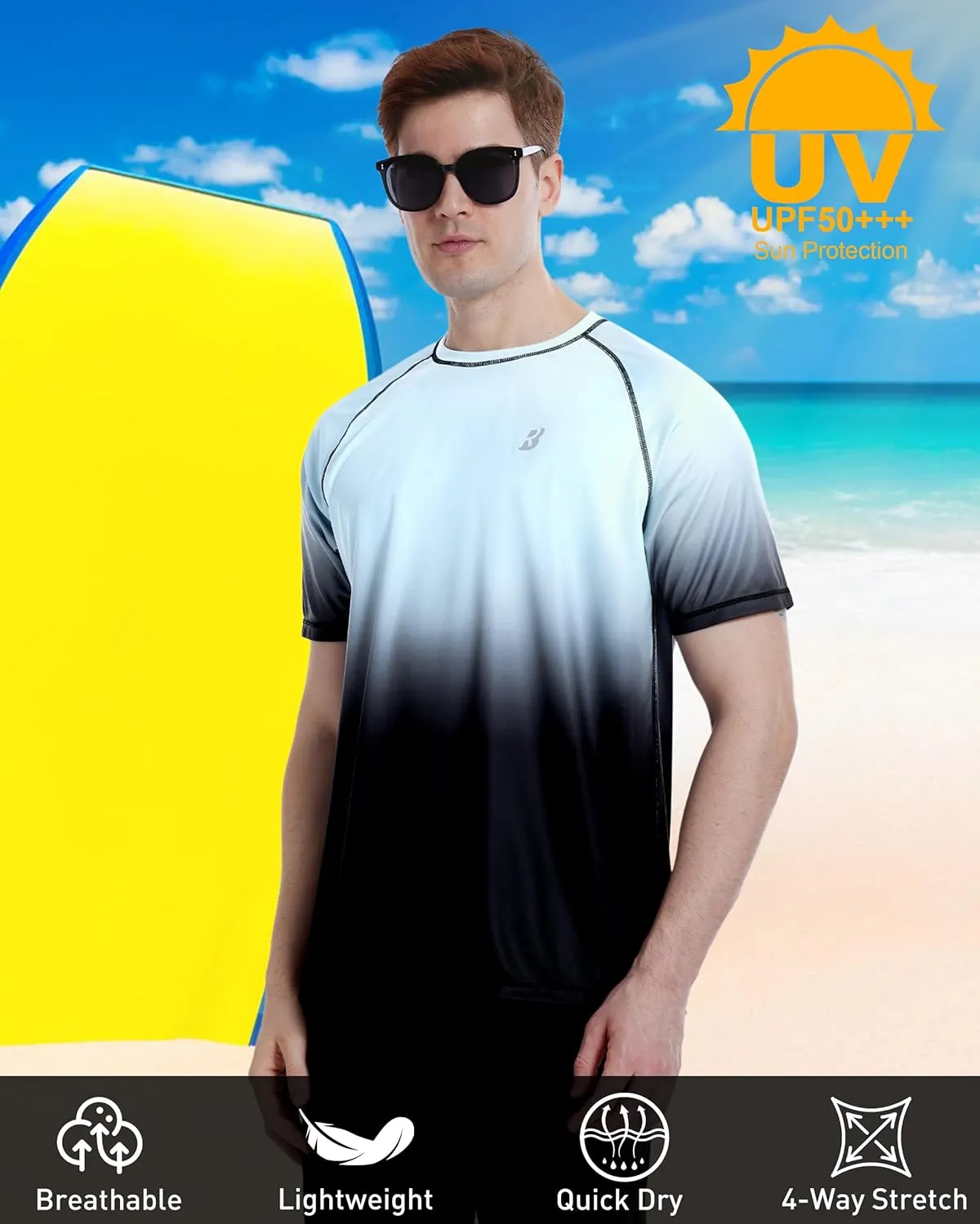 Roadbox Men's Swim Shirts Short Sleeve, UPF 50  UV Sun Protection SPF Rash Guard, Quick Dry Surf Water Beach Fishing T Shirt