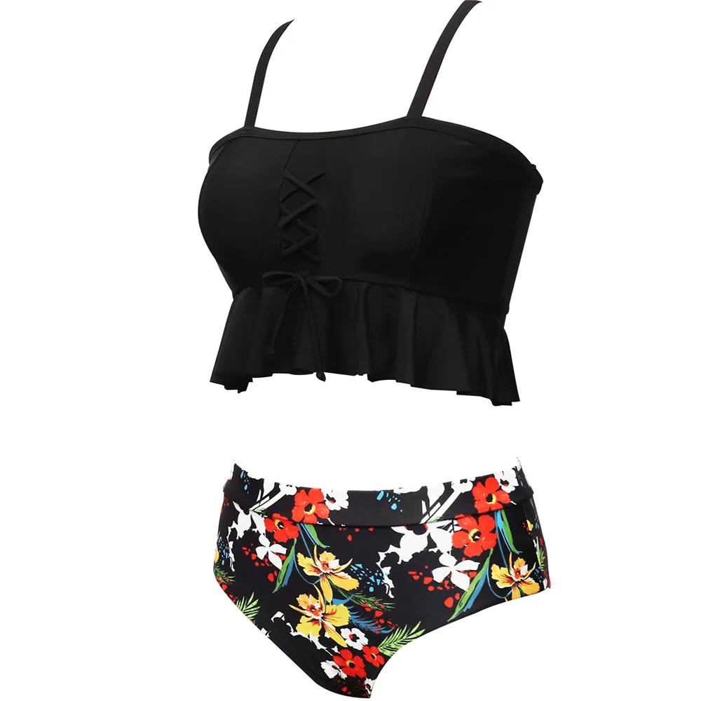 Ruffled Tankini & Shirred High Waist Bikini Set