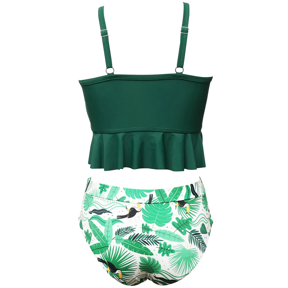 Ruffled Tankini & Shirred High Waist Bikini Set