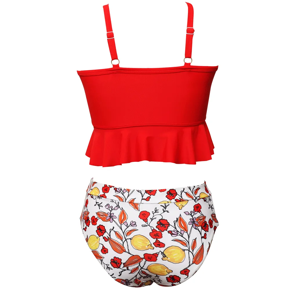 Ruffled Tankini & Shirred High Waist Bikini Set
