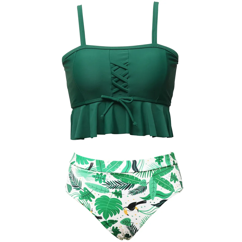 Ruffled Tankini & Shirred High Waist Bikini Set