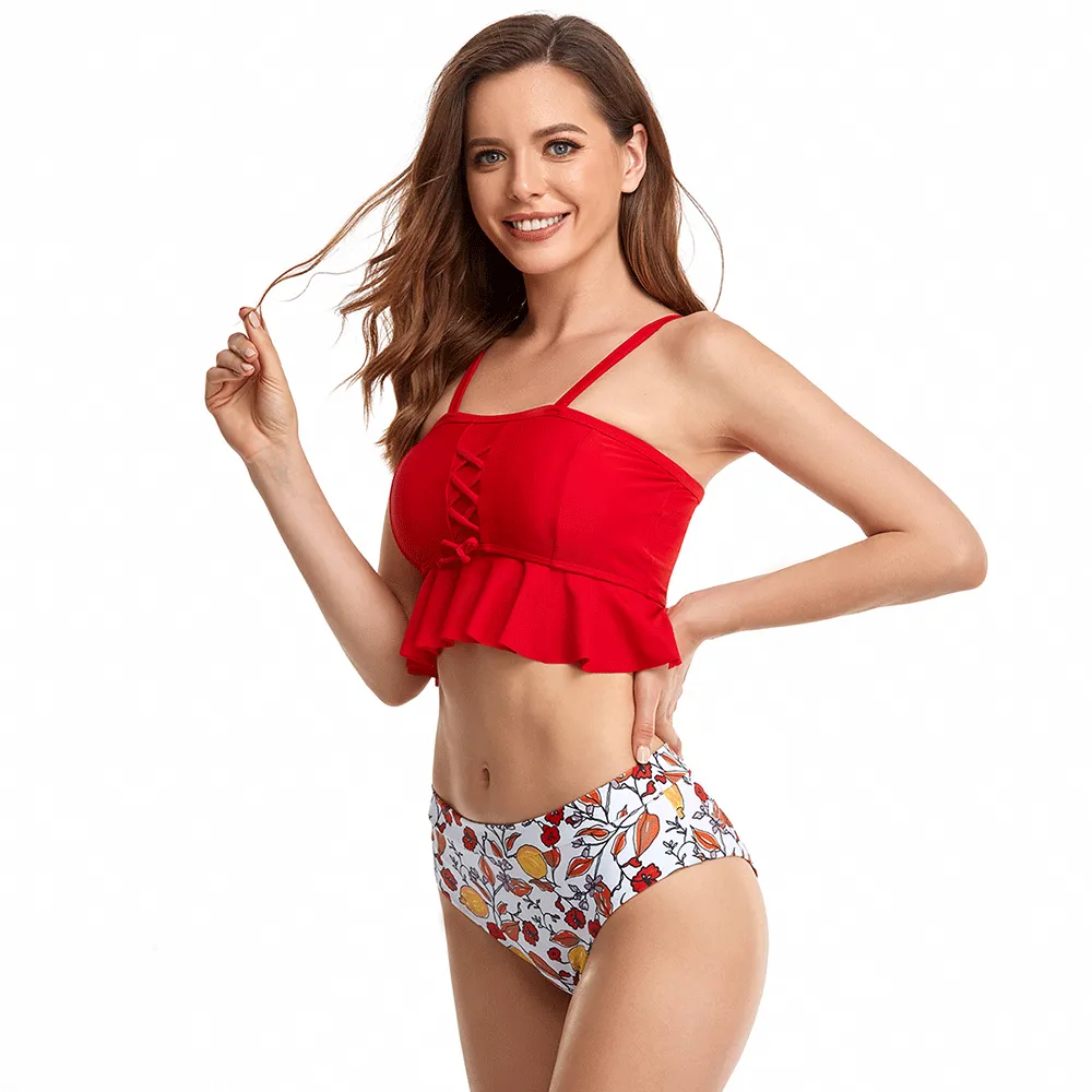 Ruffled Tankini & Shirred High Waist Bikini Set