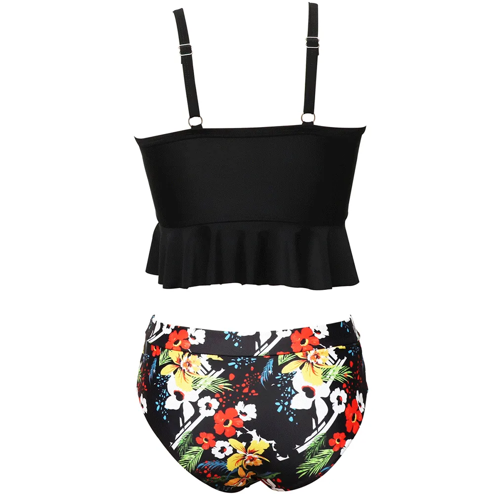 Ruffled Tankini & Shirred High Waist Bikini Set