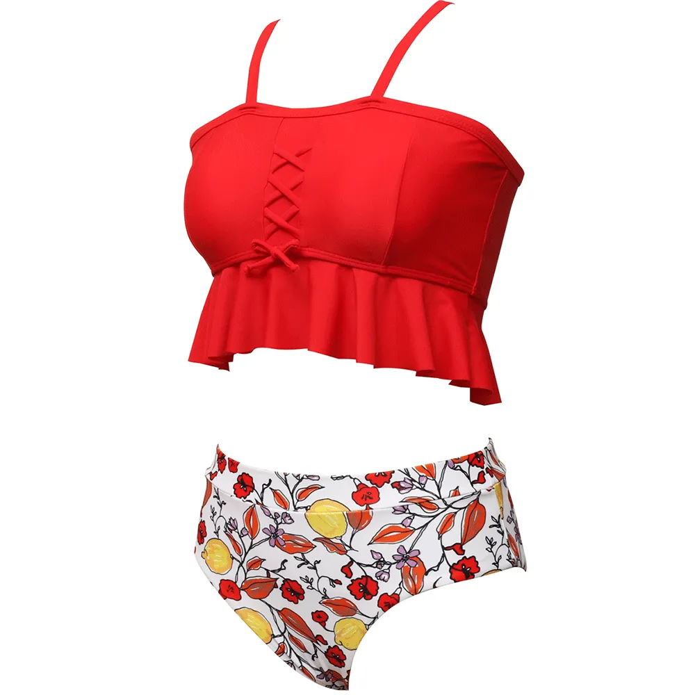 Ruffled Tankini & Shirred High Waist Bikini Set