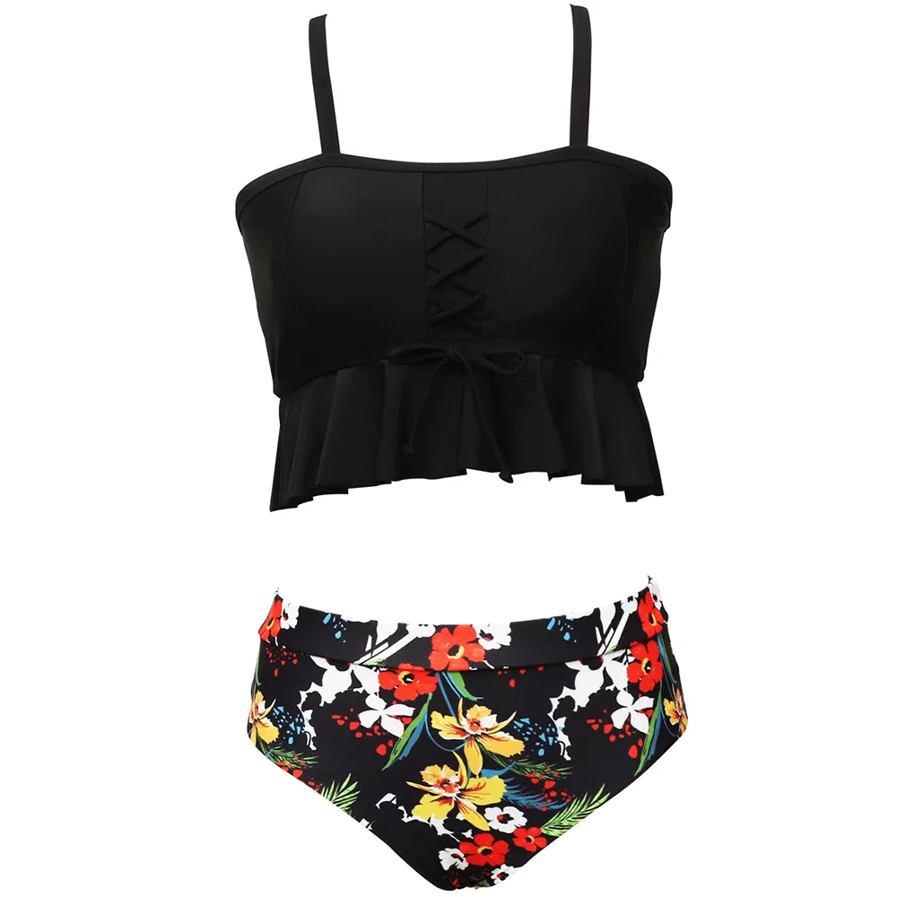 Ruffled Tankini & Shirred High Waist Bikini Set