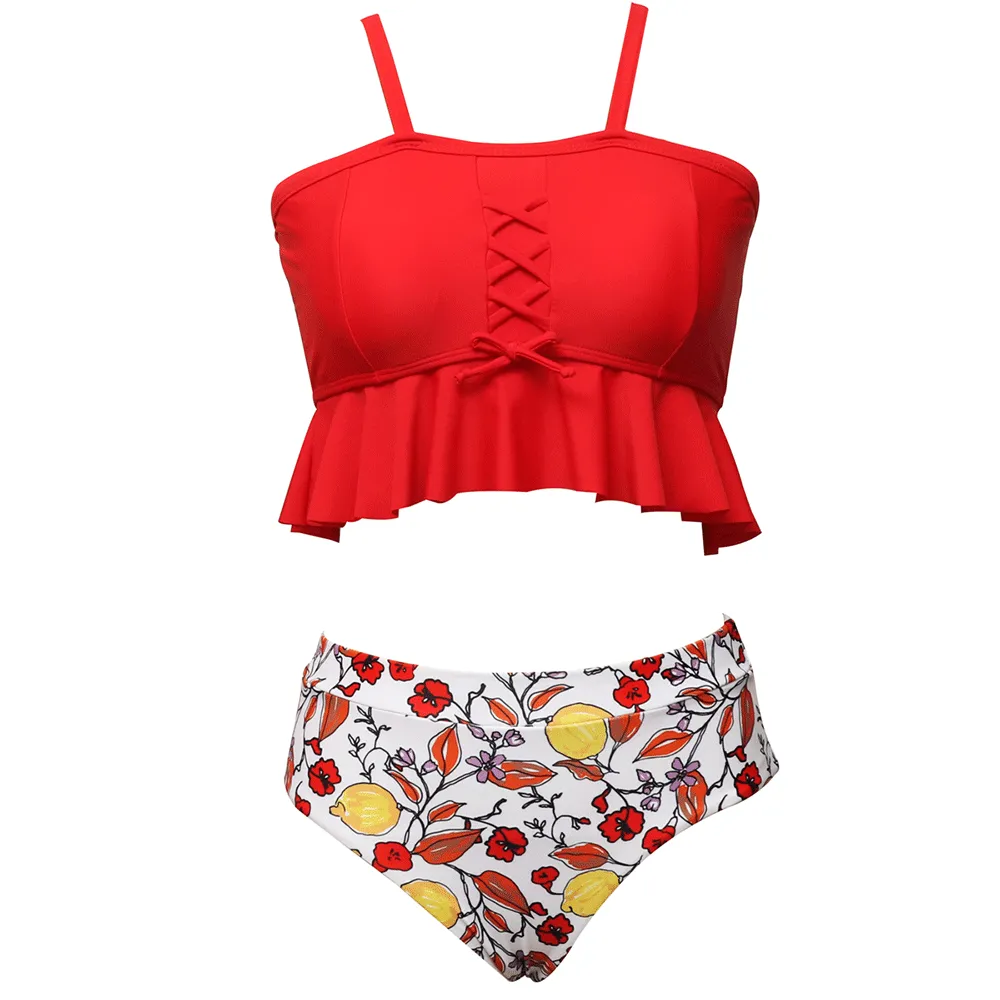 Ruffled Tankini & Shirred High Waist Bikini Set