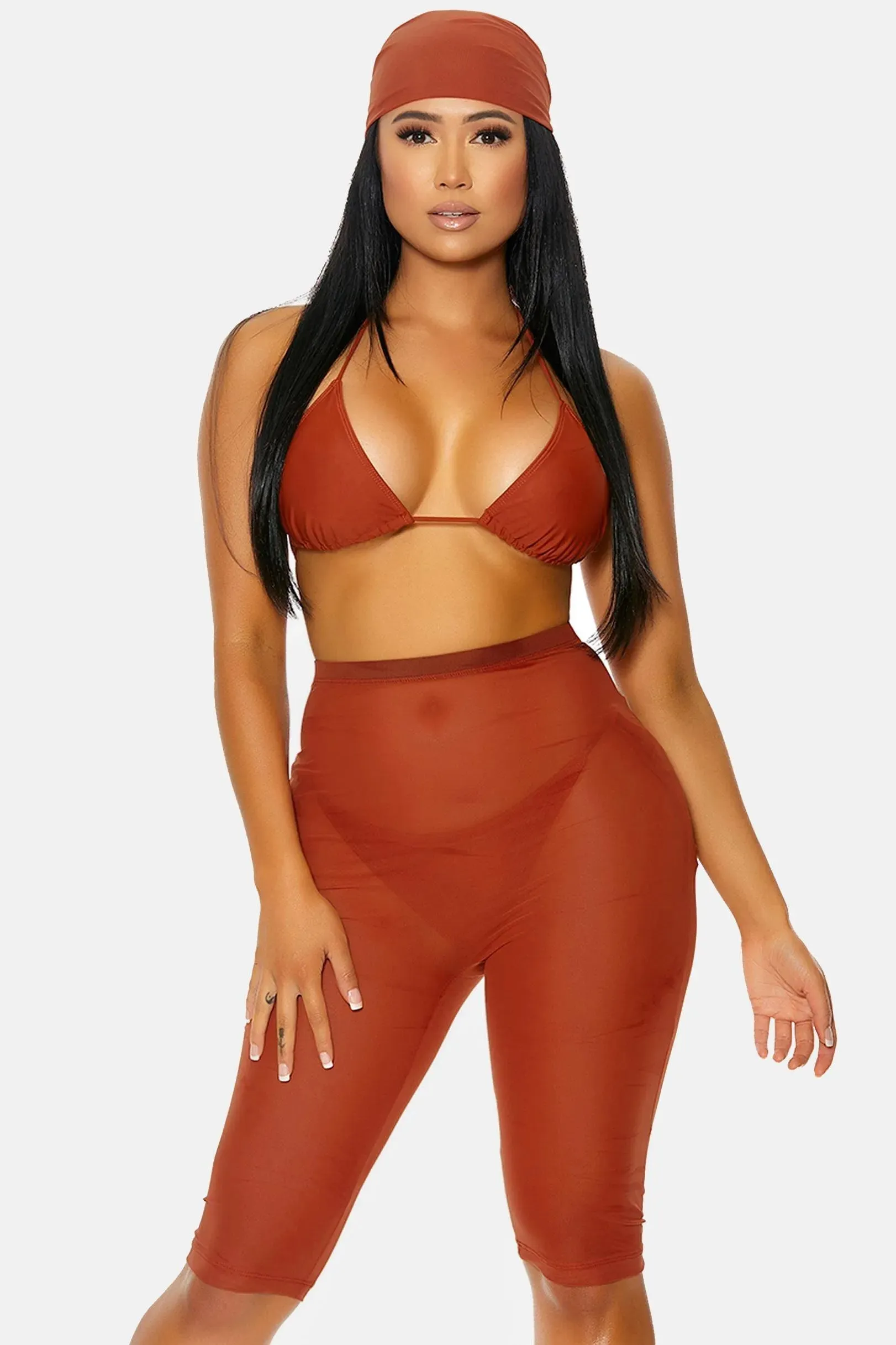 Rust Coverup Sheer Swimwear High Waist Shorts