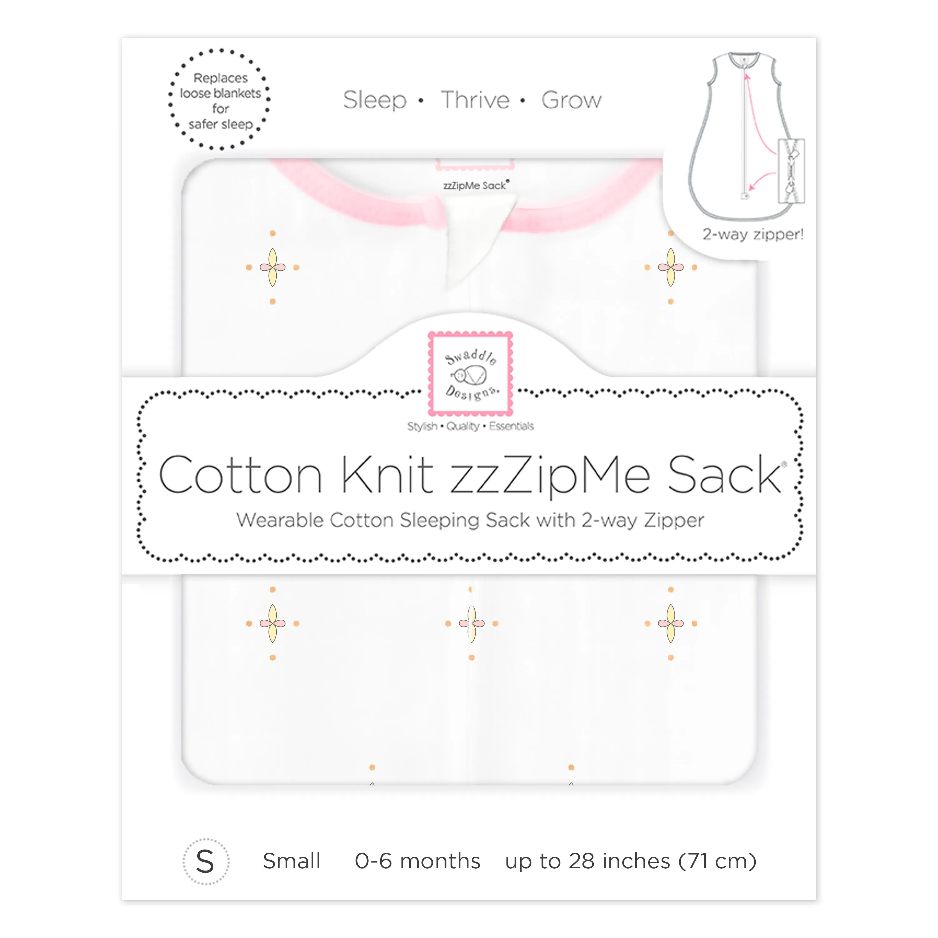 Soft Cotton Non-Weighted zzZipMe Sleeping Sack - Bella, Pink with Touch of Gold Shimmer